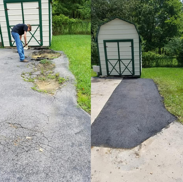 A before-and-after comparison showing a damaged asphalt driveway being repaired with a new patch leading to a shed.