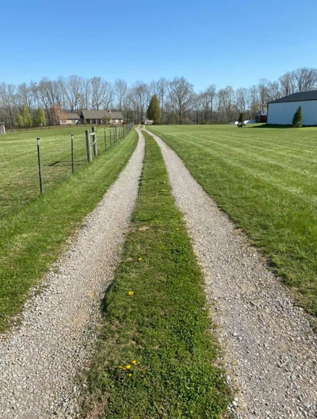 A gravel driveway with a grassy center path leads toward a house in the distance under a clear blue sky.
