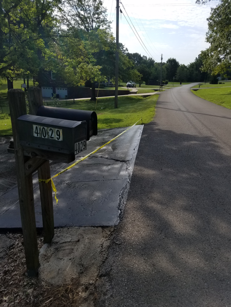 Mailboxes labeled 4029 sit on a wooden post beside a paved driveway and a rural road on a sunny day.
