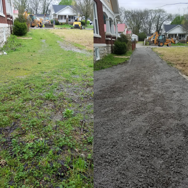 Before and after comparison of a dirt and grass residential driveway being replaced with fresh gravel by an excavator.