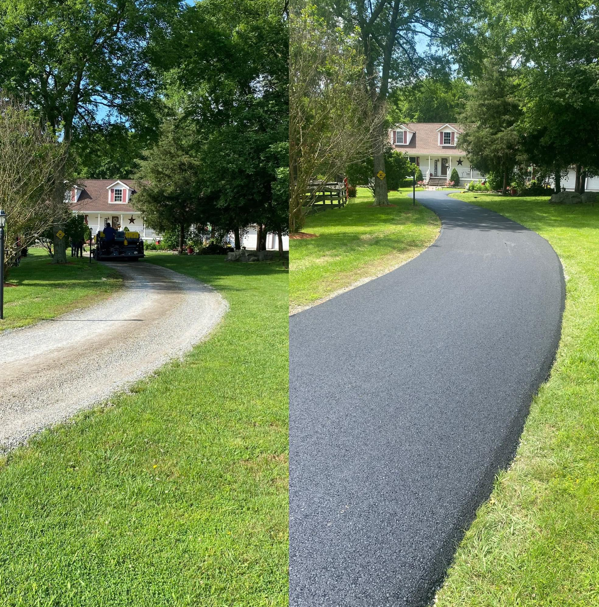 A before-and-after split view showing a gravel driveway replaced with a smooth, black asphalt surface leading to a house.
