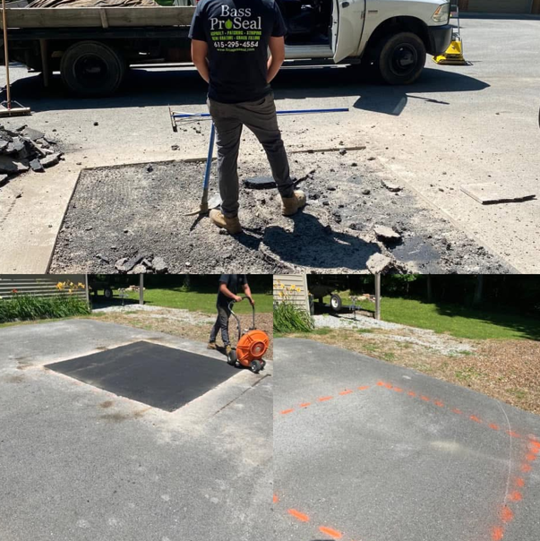 A composite showing an asphalt worker removing a damaged patch, filling it, and marking a new section for repair.
