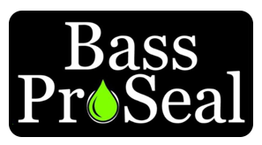 Logo with the white text "Bass ProSeal" on a black rectangle, featuring a lime-green water drop as the letter "o".