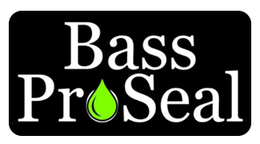 Logo with the white text "Bass ProSeal" on a black rectangle, featuring a lime-green water drop as the letter "o".