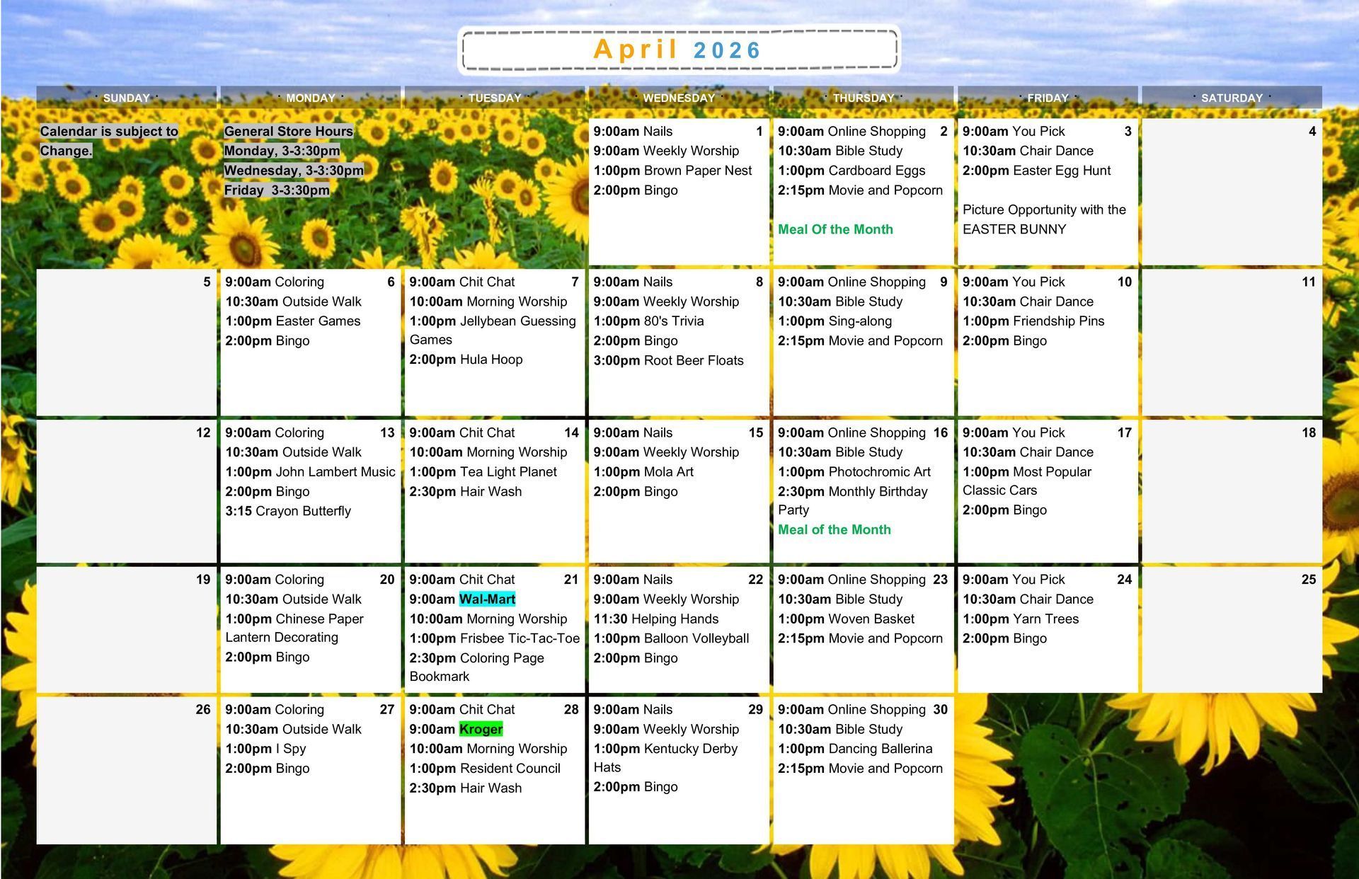 April 2023 calendar over a sunflower field background