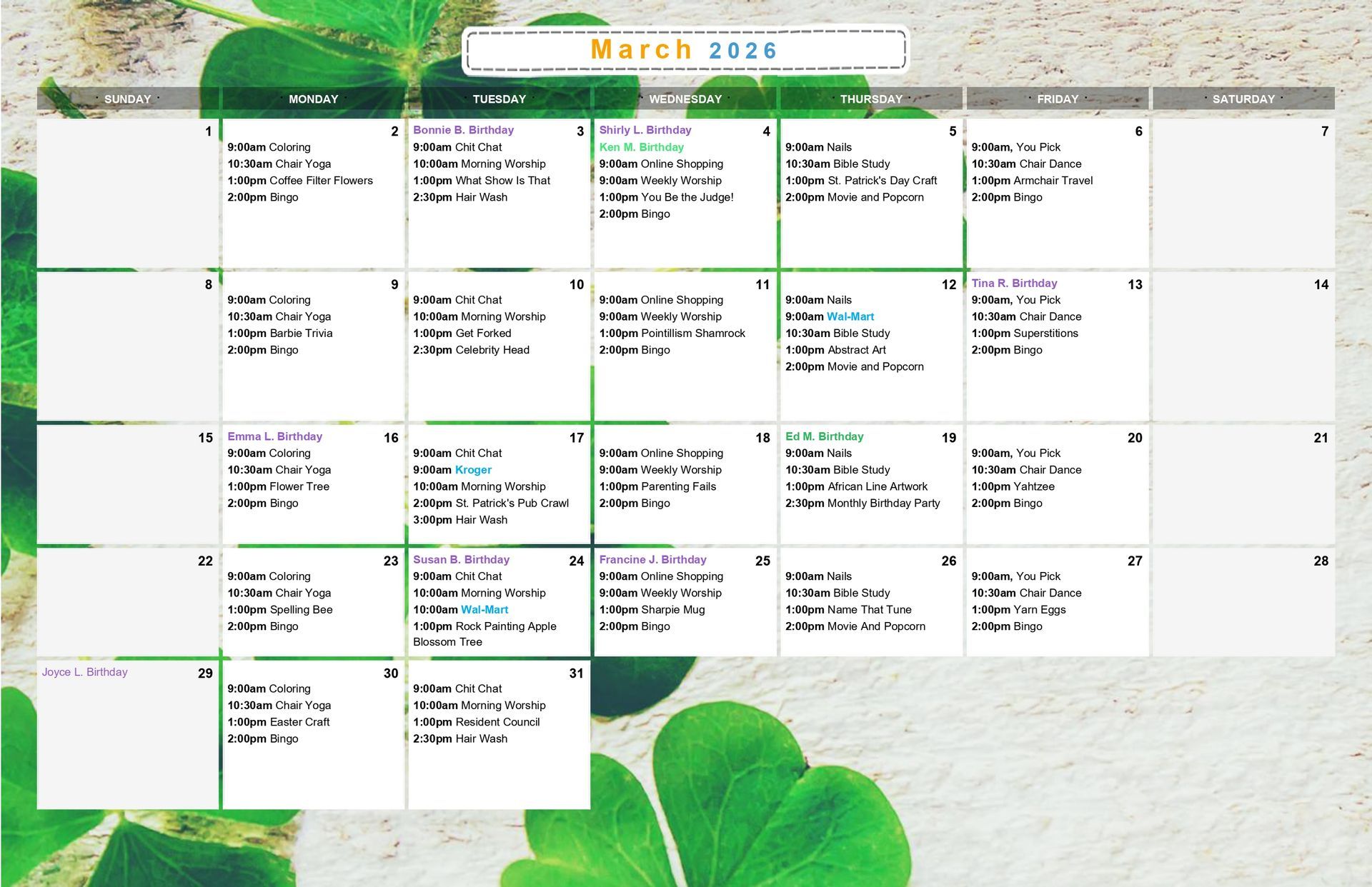 March 2026 calendar. White boxes, green lines, clover background.