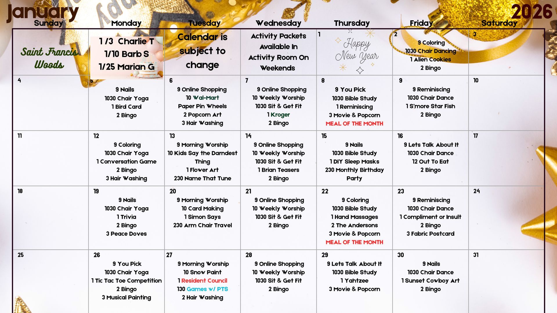 A 2026 January calendar with gold ornaments, events, and dates labeled.