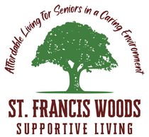 Logo for St. Francis Woods, a supportive living community. It features a green tree and the text "Affordable Living for Seniors".