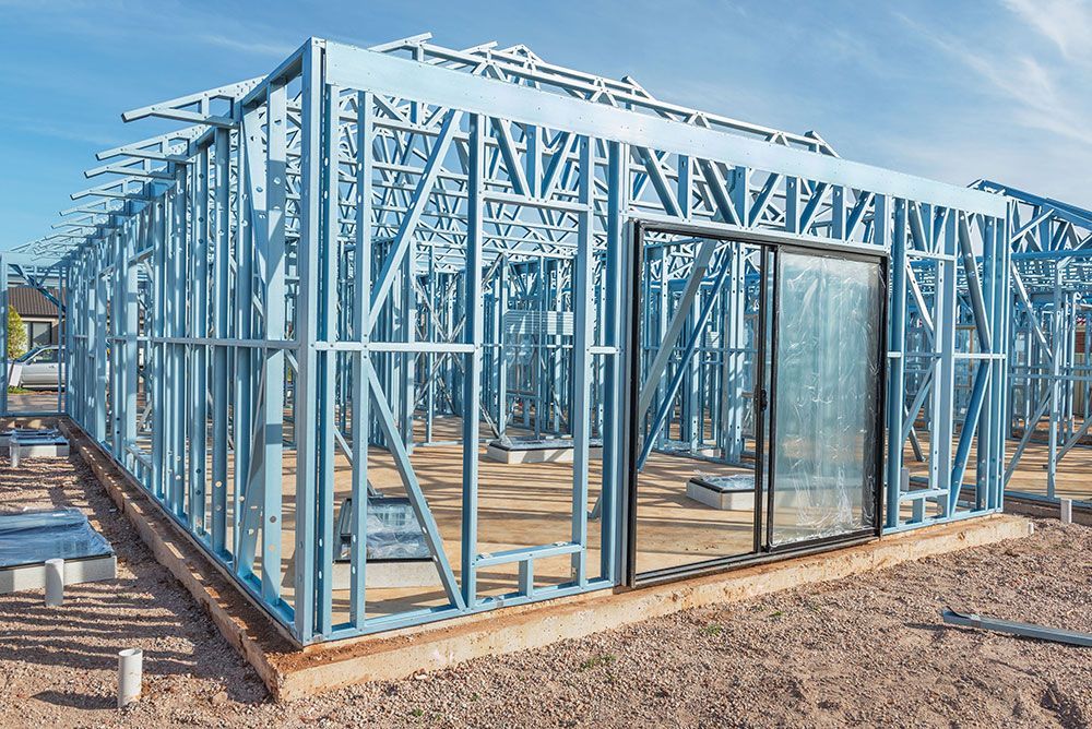 A house is being built with metal frames