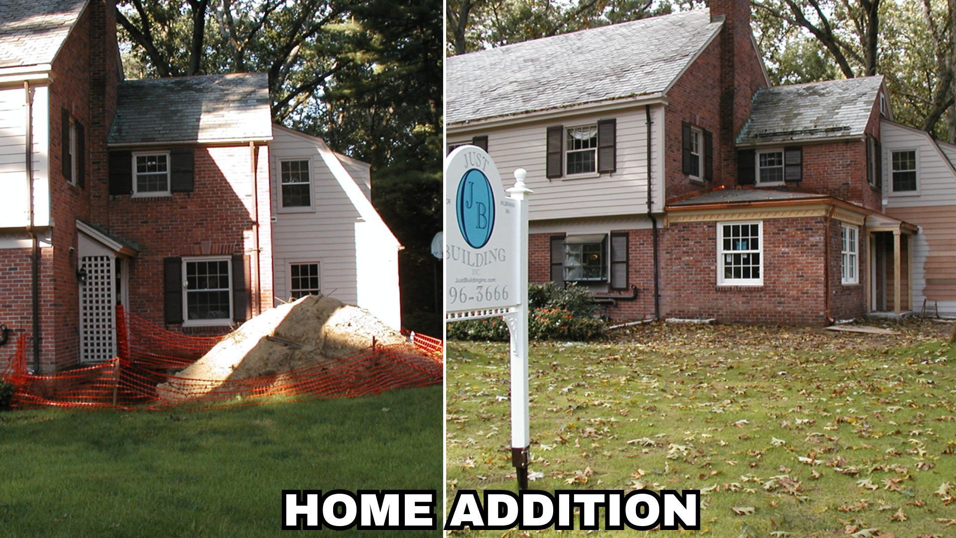 Before-and-after view of a house addition, showing a brick-and-siding home before and after expansion.