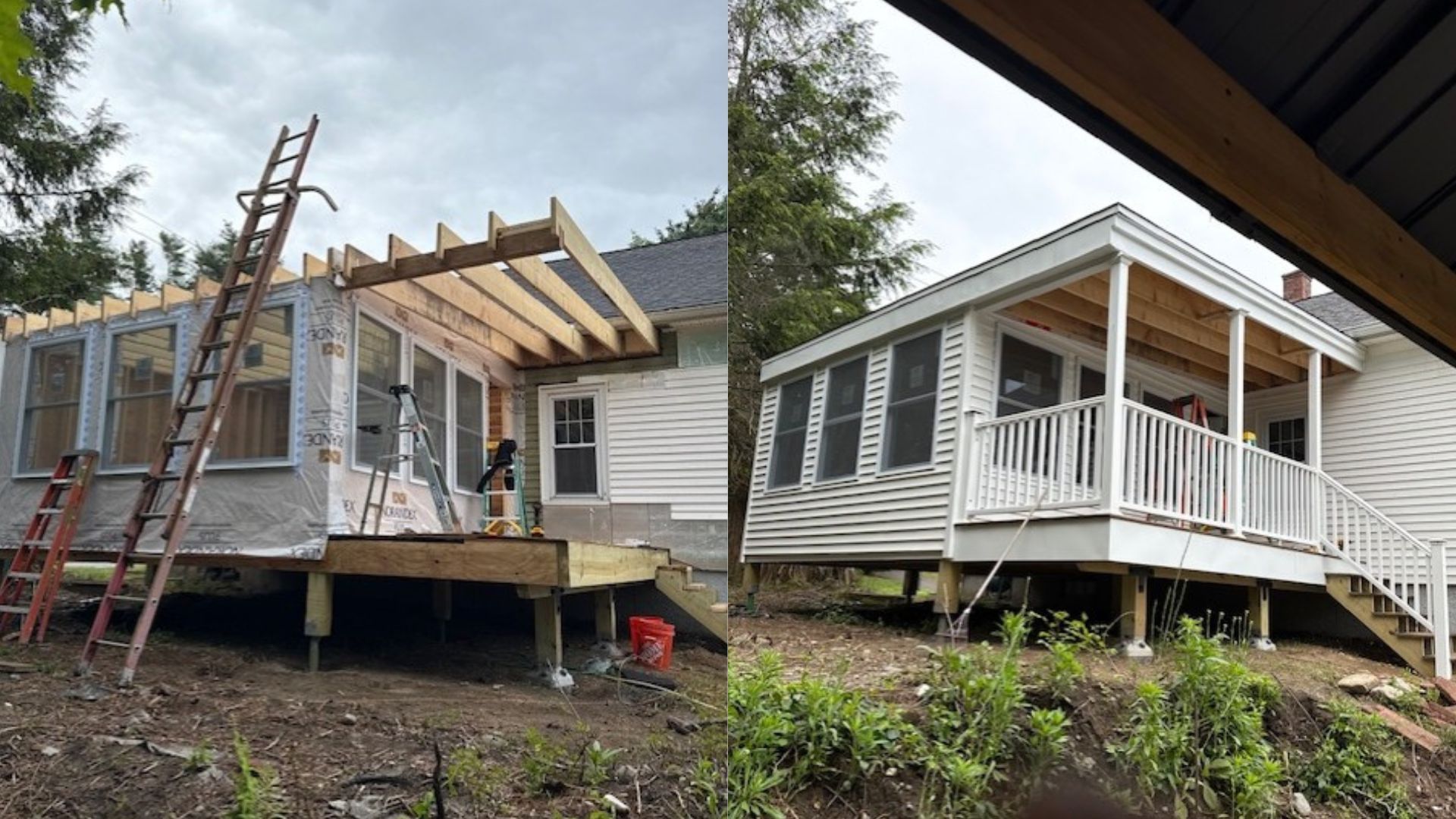 Two small elevated cabins under construction on a wooded hillside, one with ladders and exposed framing.