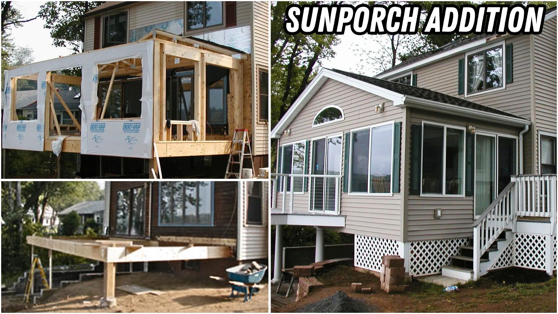 Sun porch addition construction on a white house, showing framing, siding, and finished windows.