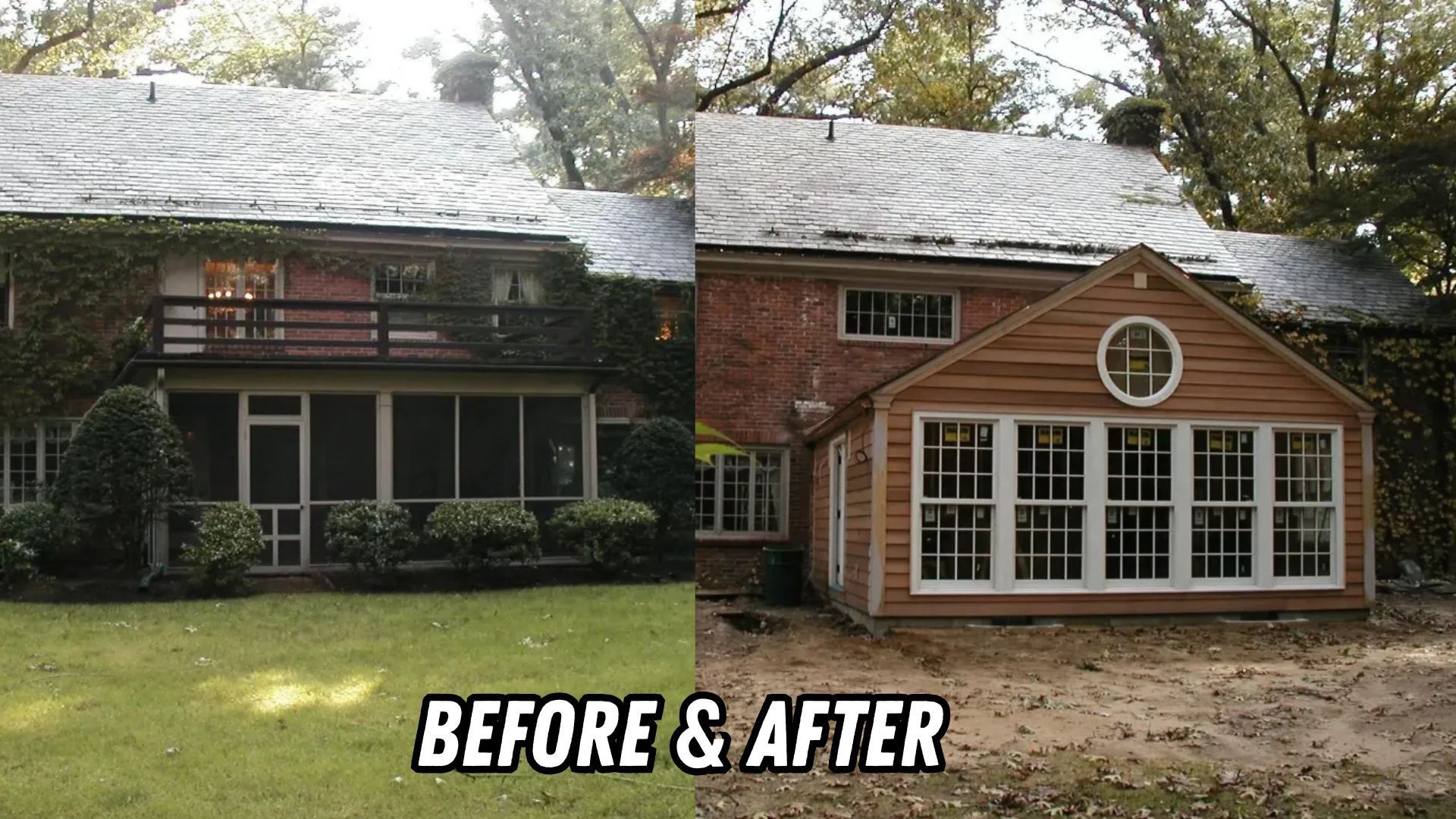 Split-screen before-and-after of a house exterior renovation, labeled BEFORE & AFTER