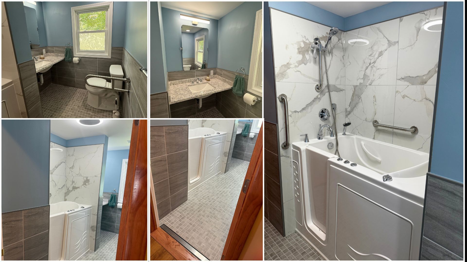 Bathroom renovation collage showing gray tile, white vanity, shower, and bathtub with marble-look walls