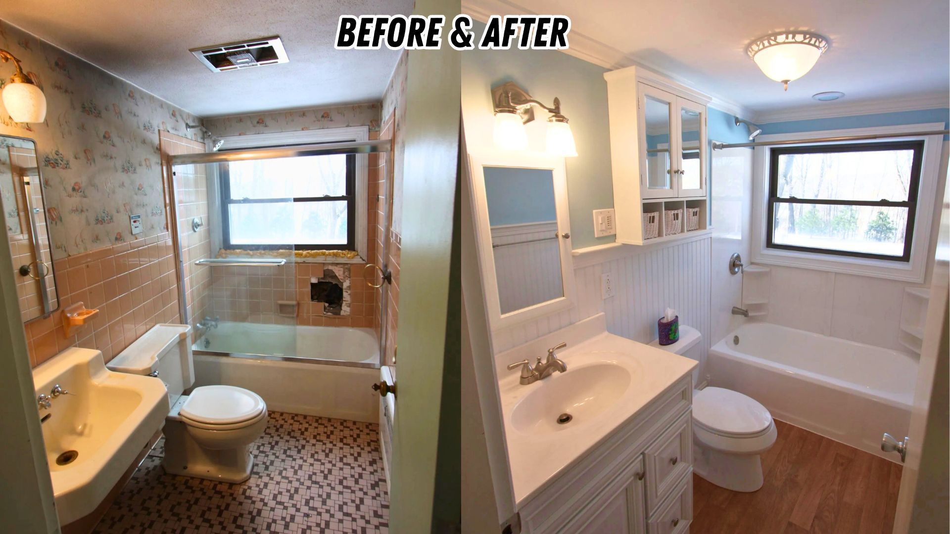 Before-and-after bathroom renovation with white fixtures and updated tile flooring.