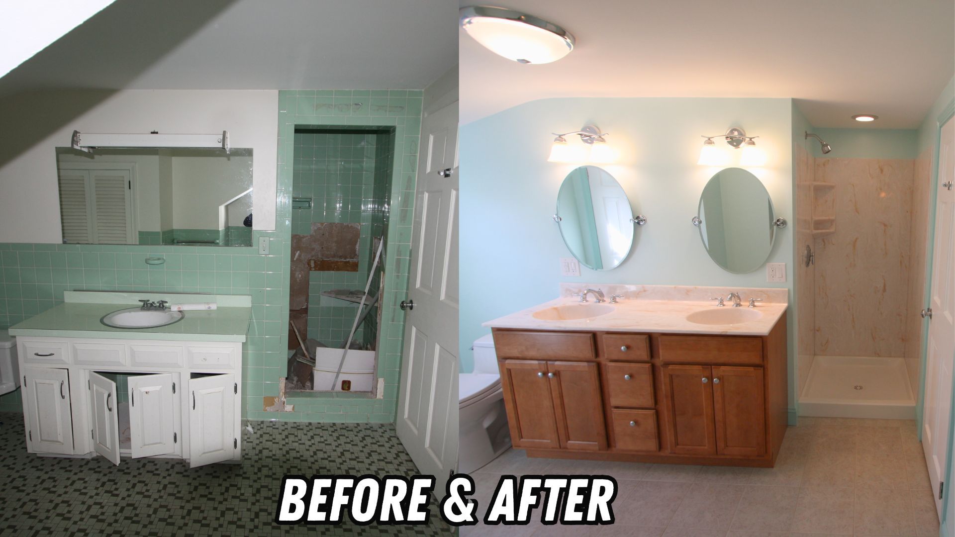 Before and after bathroom renovation: mint green and white vanity replaced by wood double-sink cabinet.