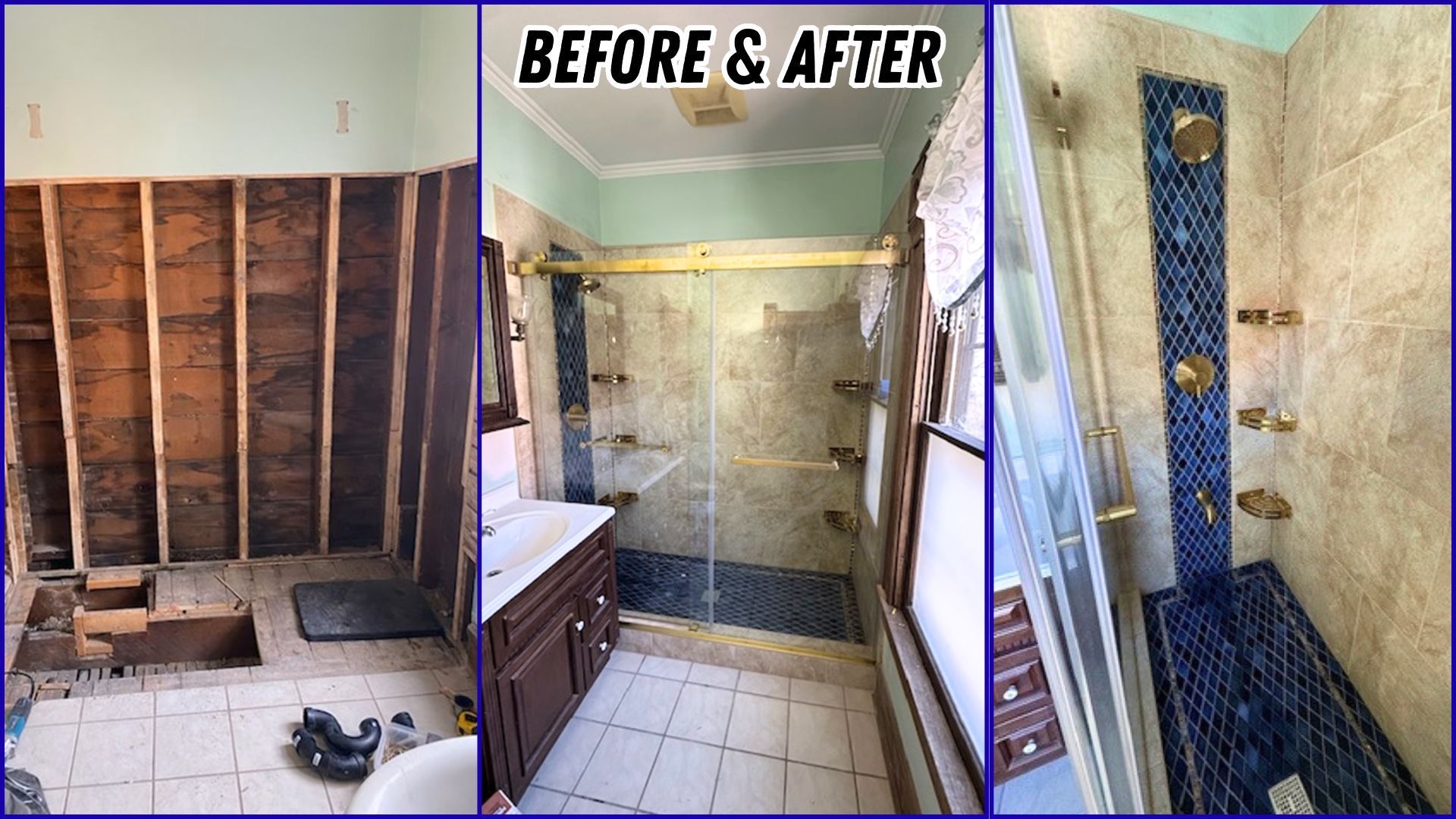 Bathroom renovation before-and-after collage showing exposed studs, tiled shower, and completed blue mosaic accent wall.