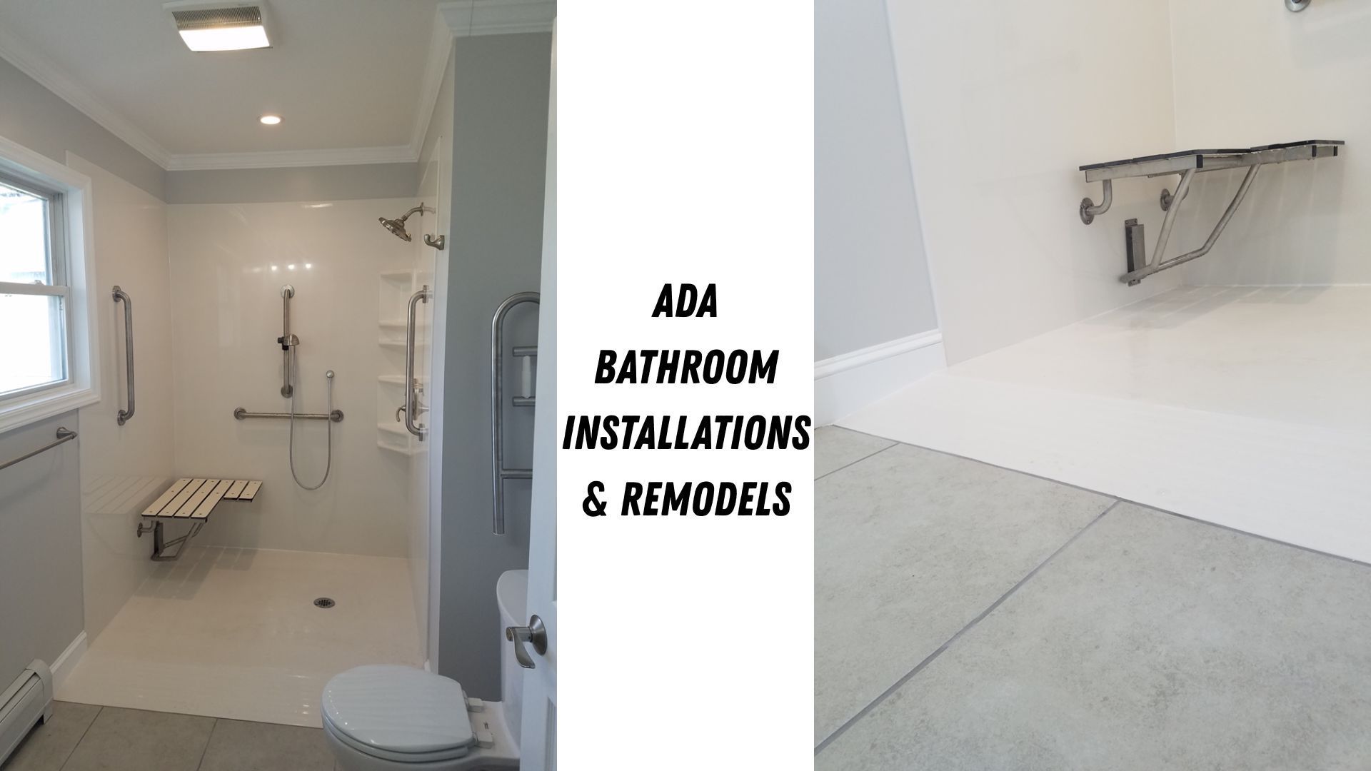ADA bathroom installations and remodels in a bright white bathroom with shower, bench, and grab bars