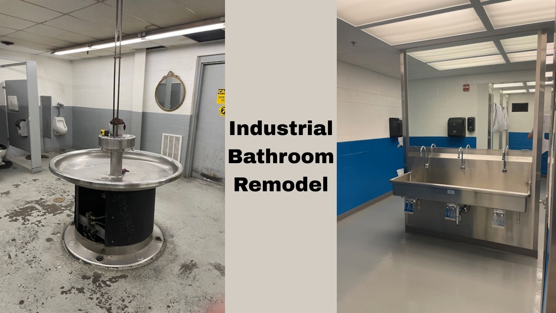 Industrial bathroom remodel with stainless steel sinks and blue stall walls, shown in before-and-after split view
