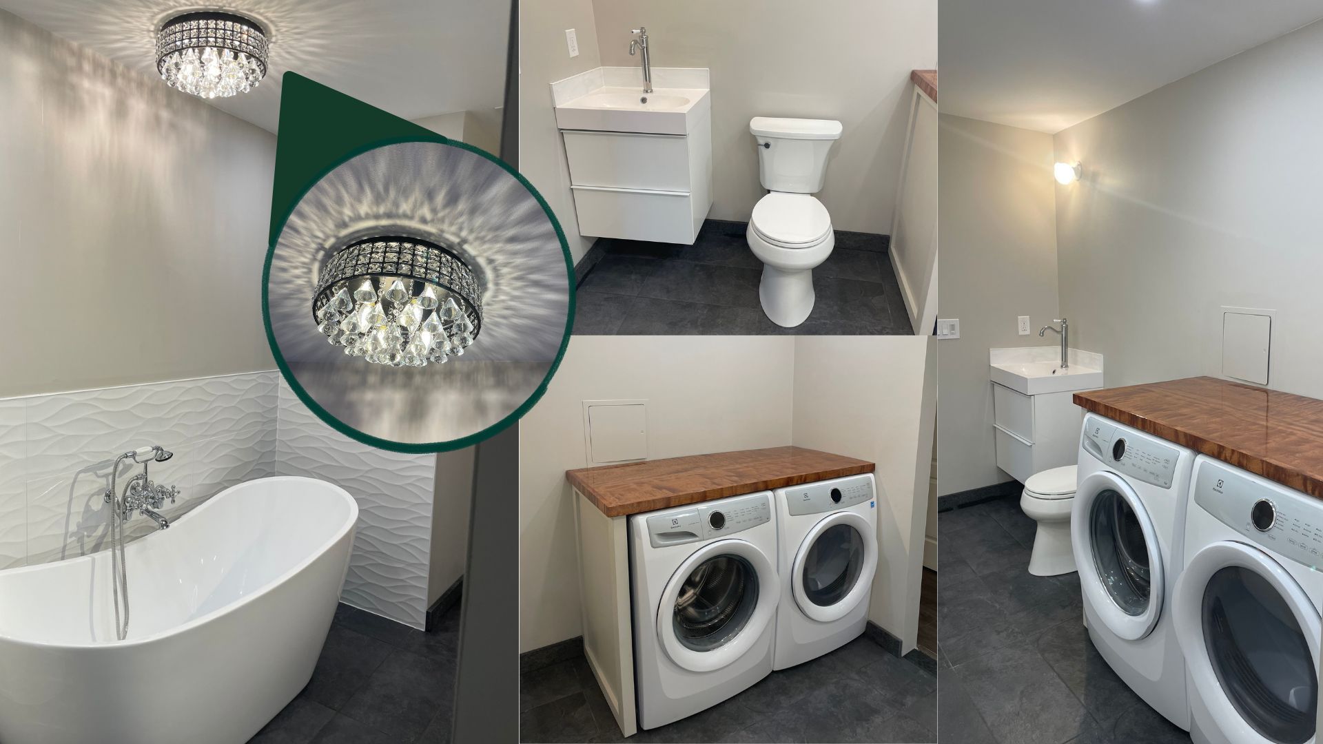 Collage of a modern bathroom with white fixtures, gray walls, wood countertops, and a washer-dryer setup.