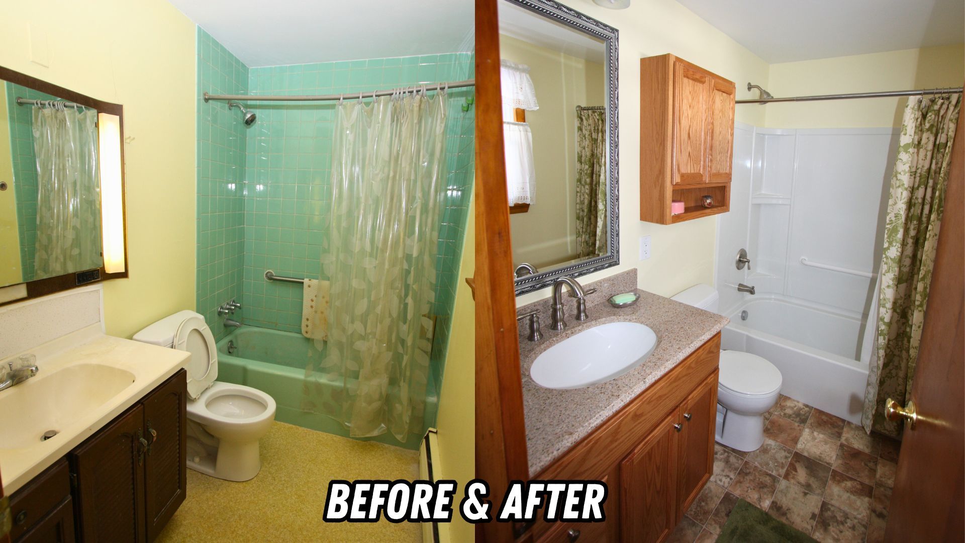 Before-and-after bathroom remodel: green tub shower becomes a brighter white-tile bathroom.