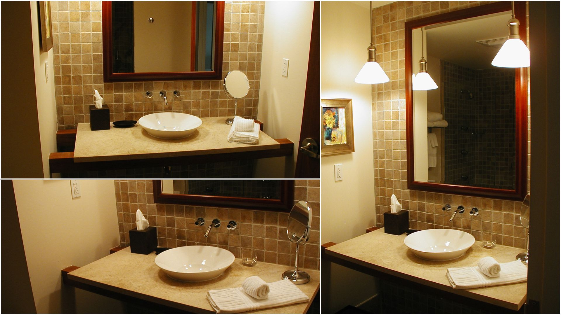 Three views of a bathroom vanity with a round sink, mirror, and wall sconces in warm lighting