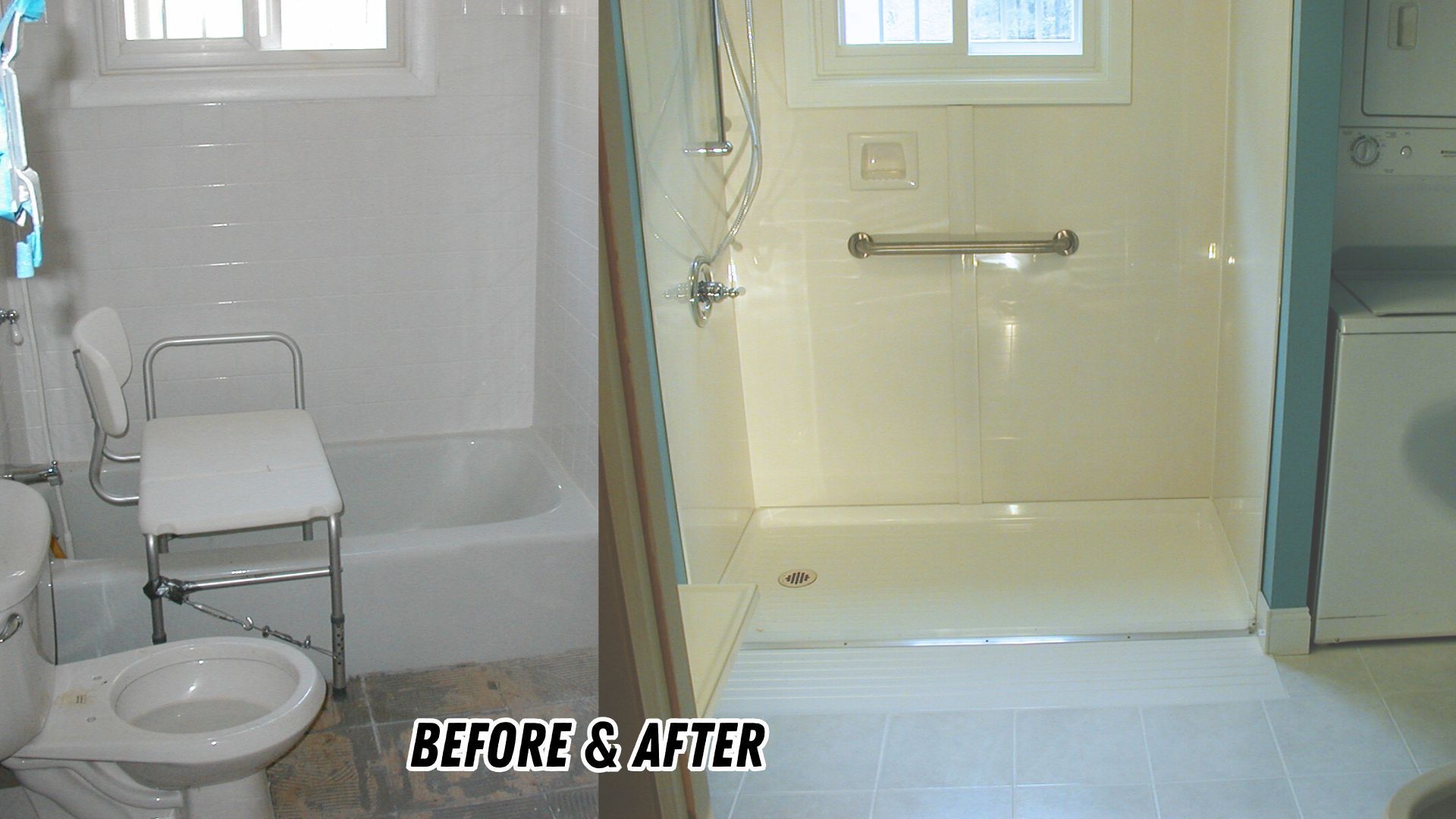 Before-and-after bathroom: toilet and chair beside a shower, with a tiled walk-in shower on the right.