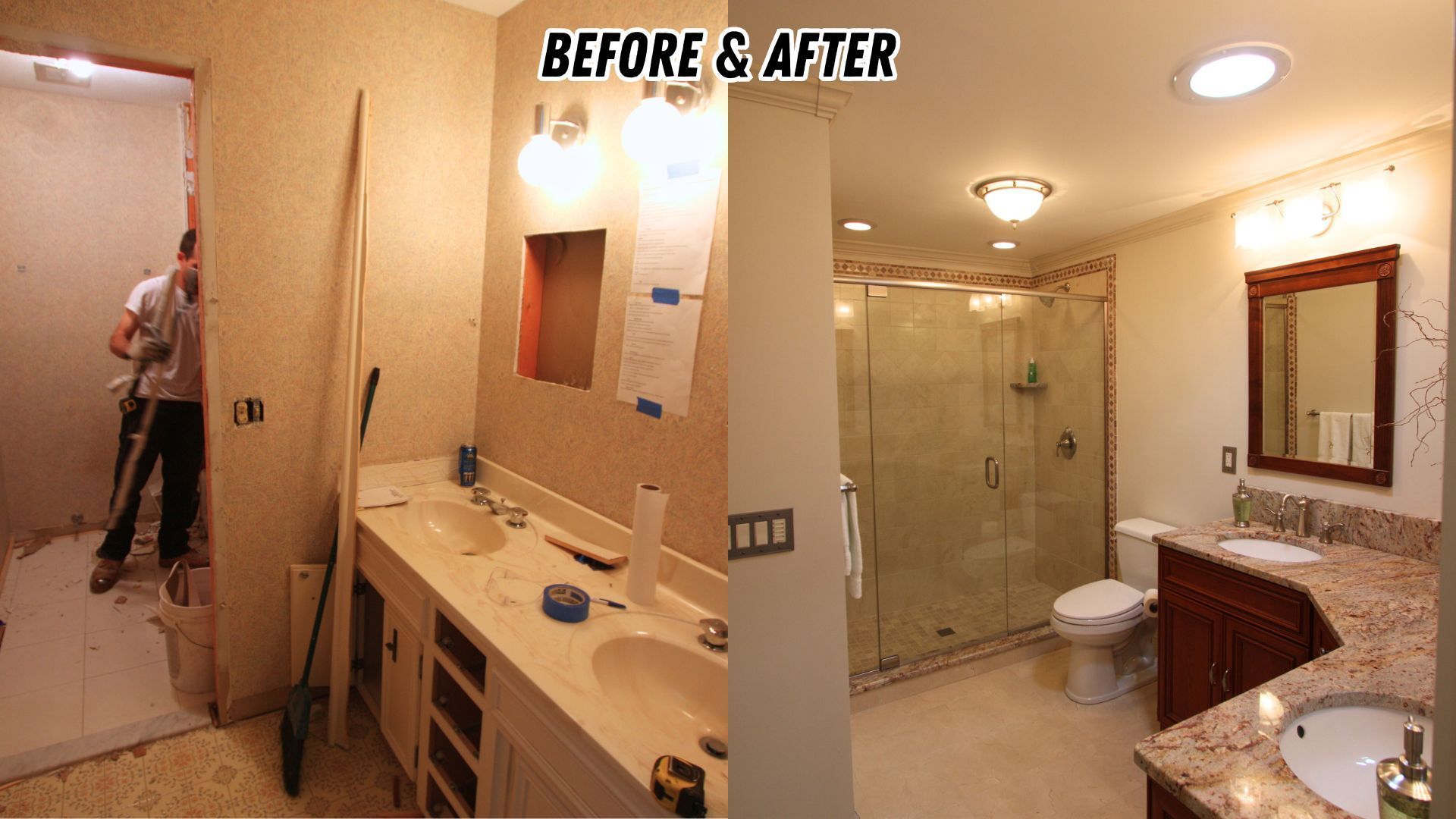 Before-and-after of a remodeled bathroom with beige tile, vanity, shower, and toilet.