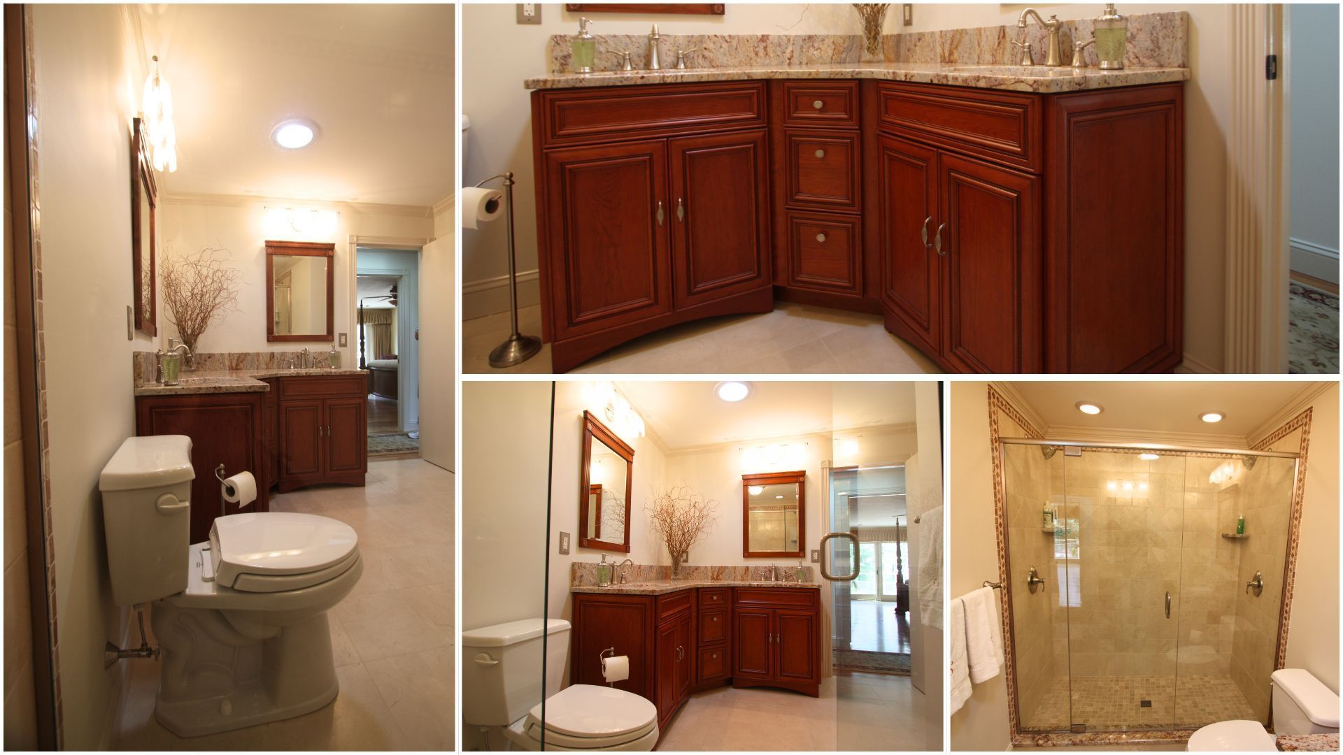 Bathroom with dark wood vanity, beige tile shower, toilet, and mirror in a multi-panel collage