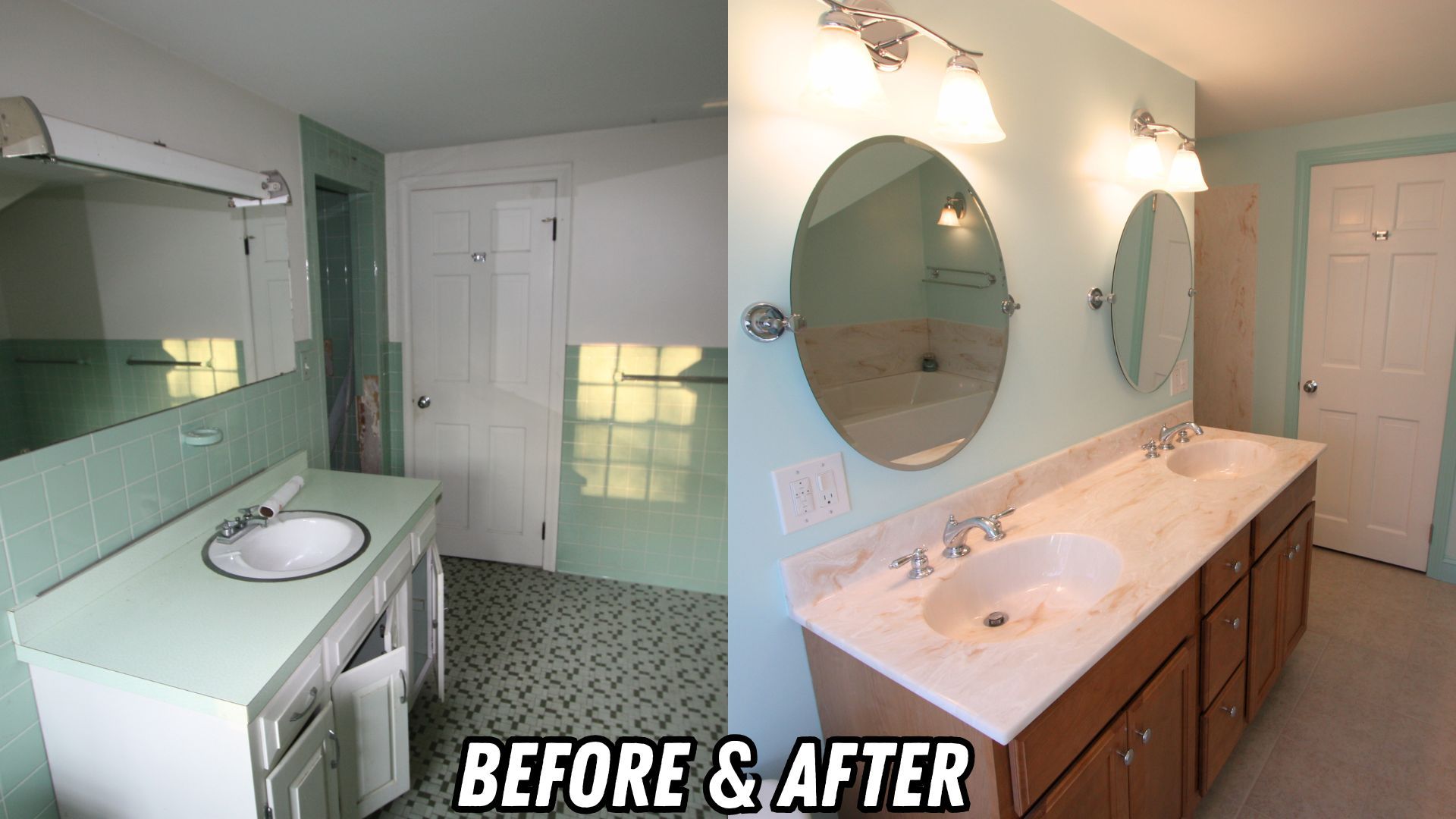 Split-screen bathroom renovation before and after, showing mint green vanity and mirror replaced by modern wood cabinets.
