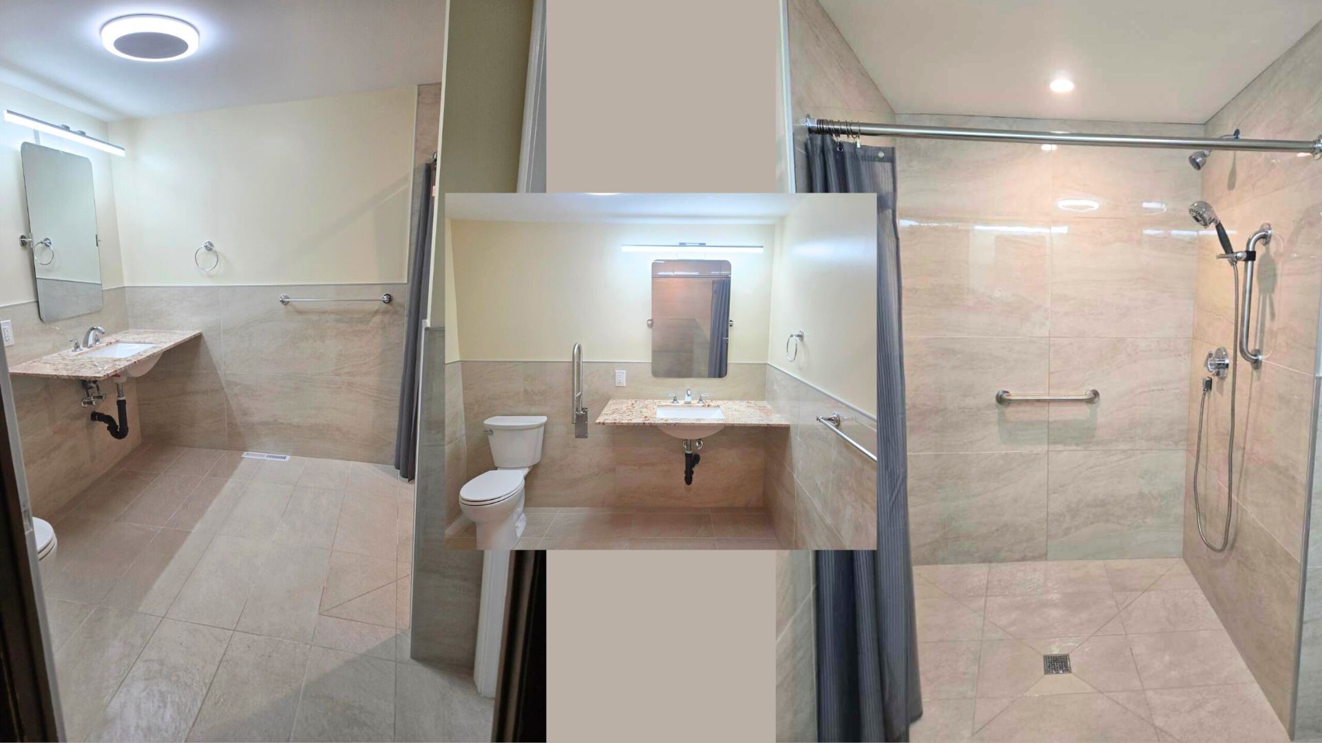 Modern beige-tiled bathroom with sink, mirror, toilet, and walk-in shower seen in a composite view