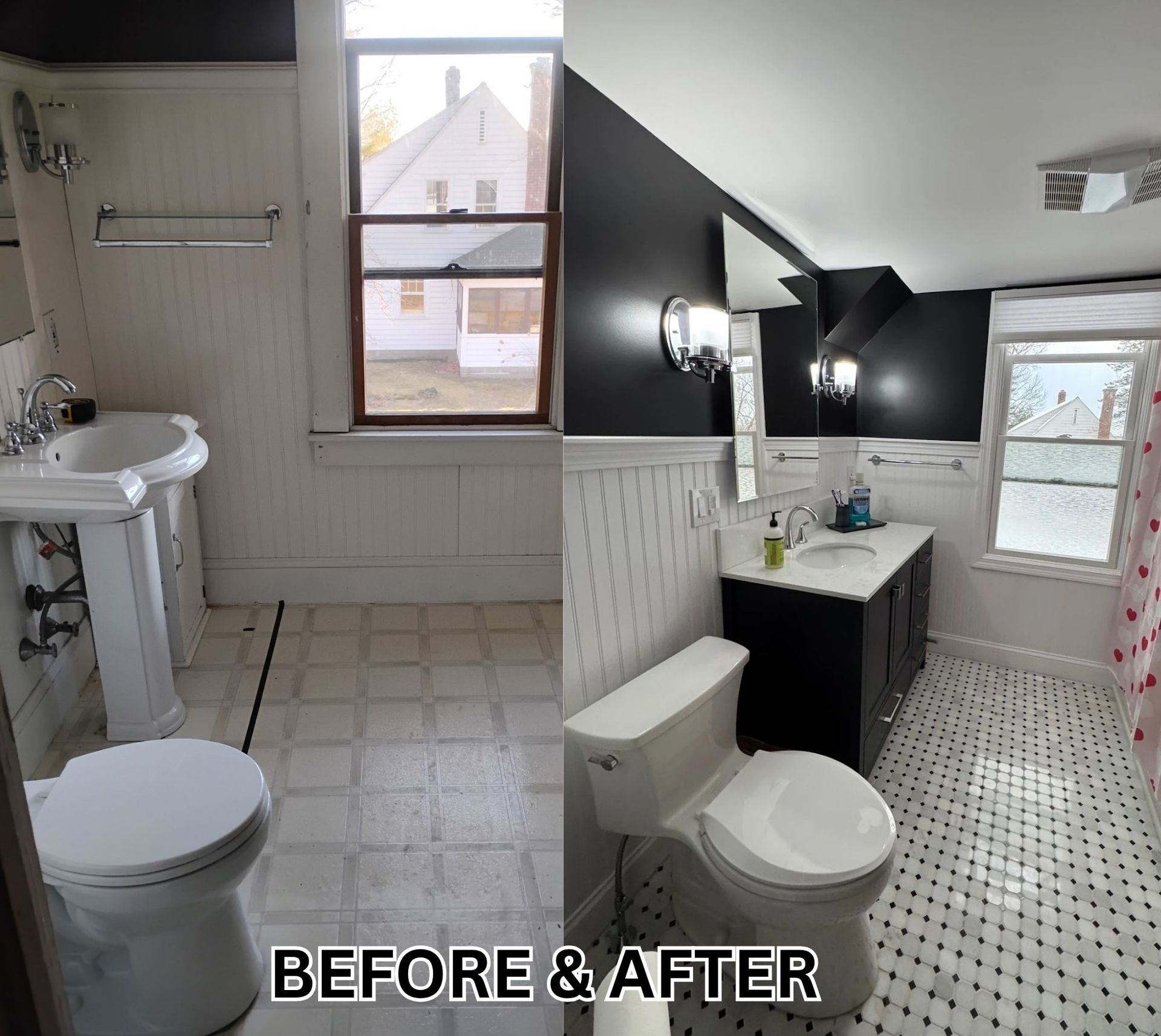 Bathroom before-and-after remodel: plain beige tile transformed to black-and-white modern decor.