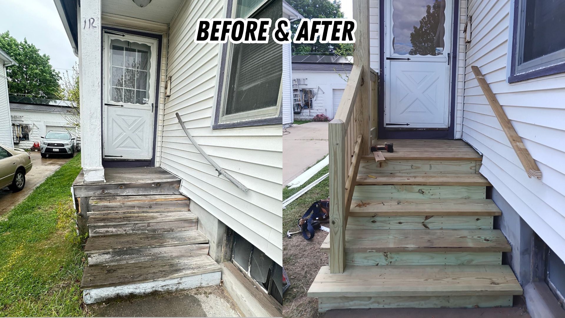 Before-and-after view of a house porch stair repair with updated wooden steps and railing