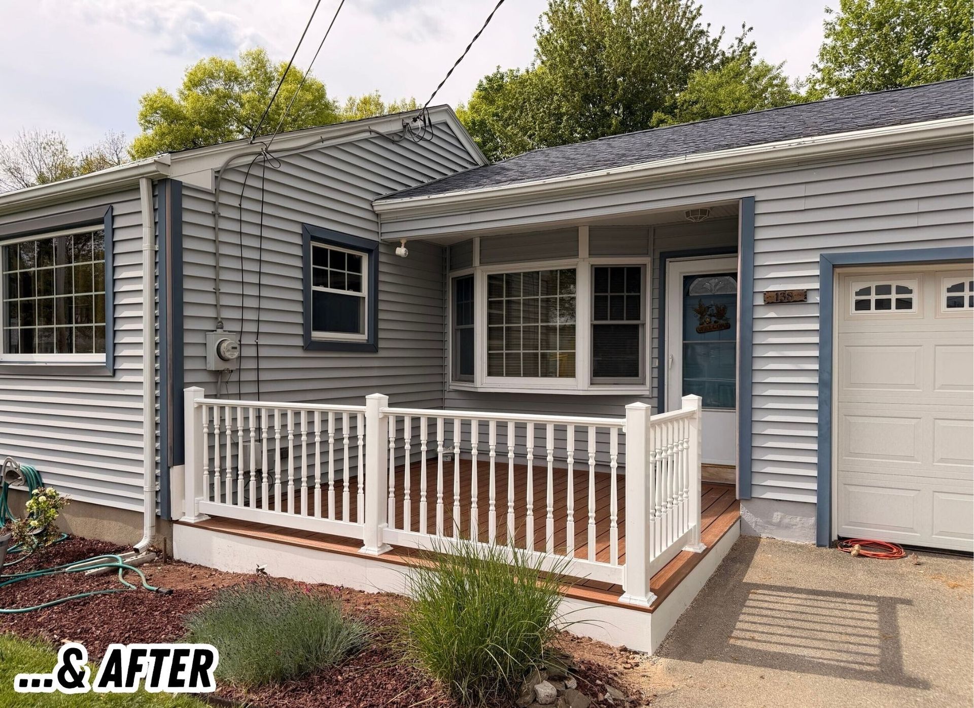 Renovated gray house exterior with white porch railing and garage, labeled & AFTER