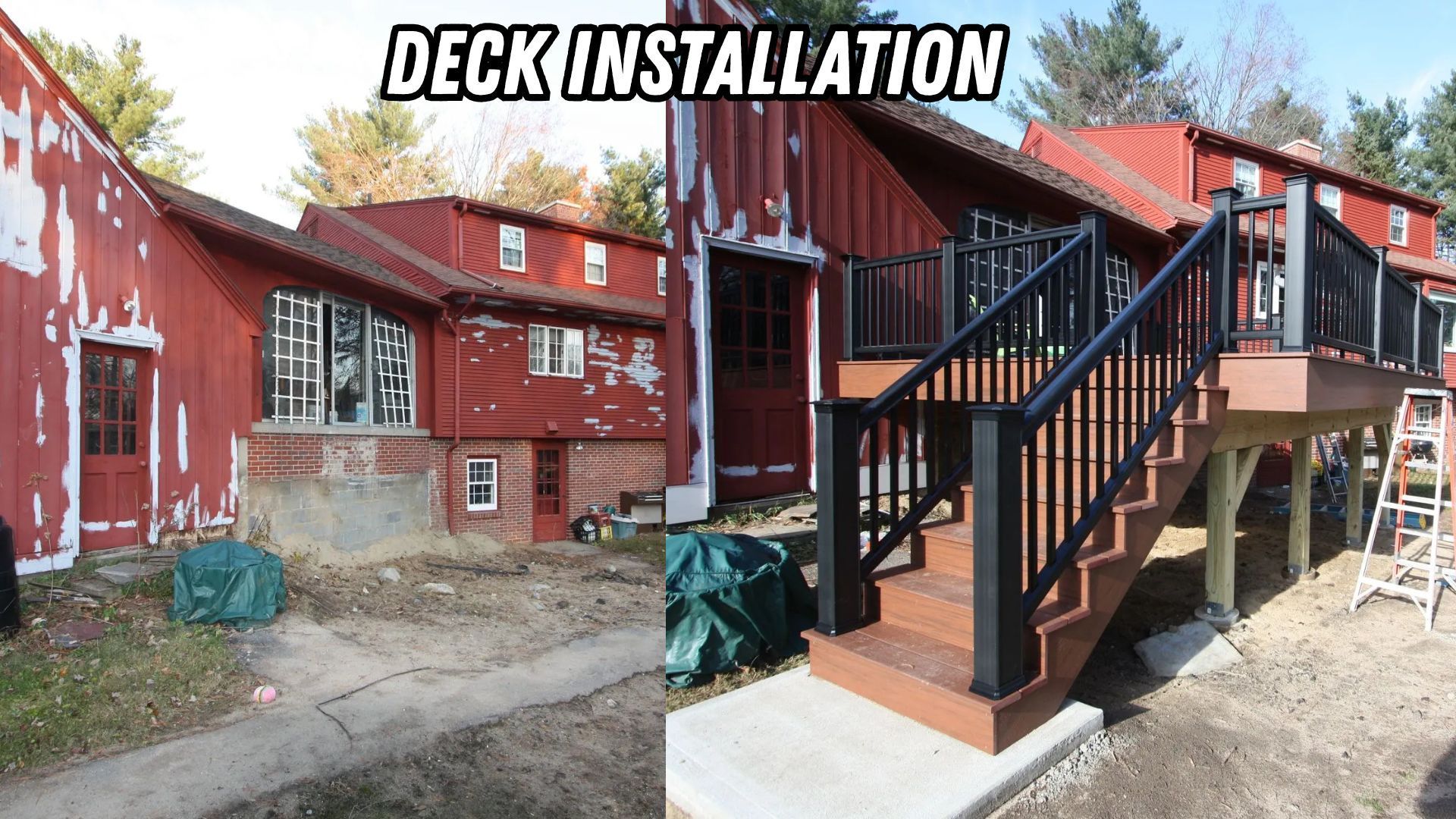 Before-and-after of a red house deck installation, showing a new black-railed wooden deck and stairs.