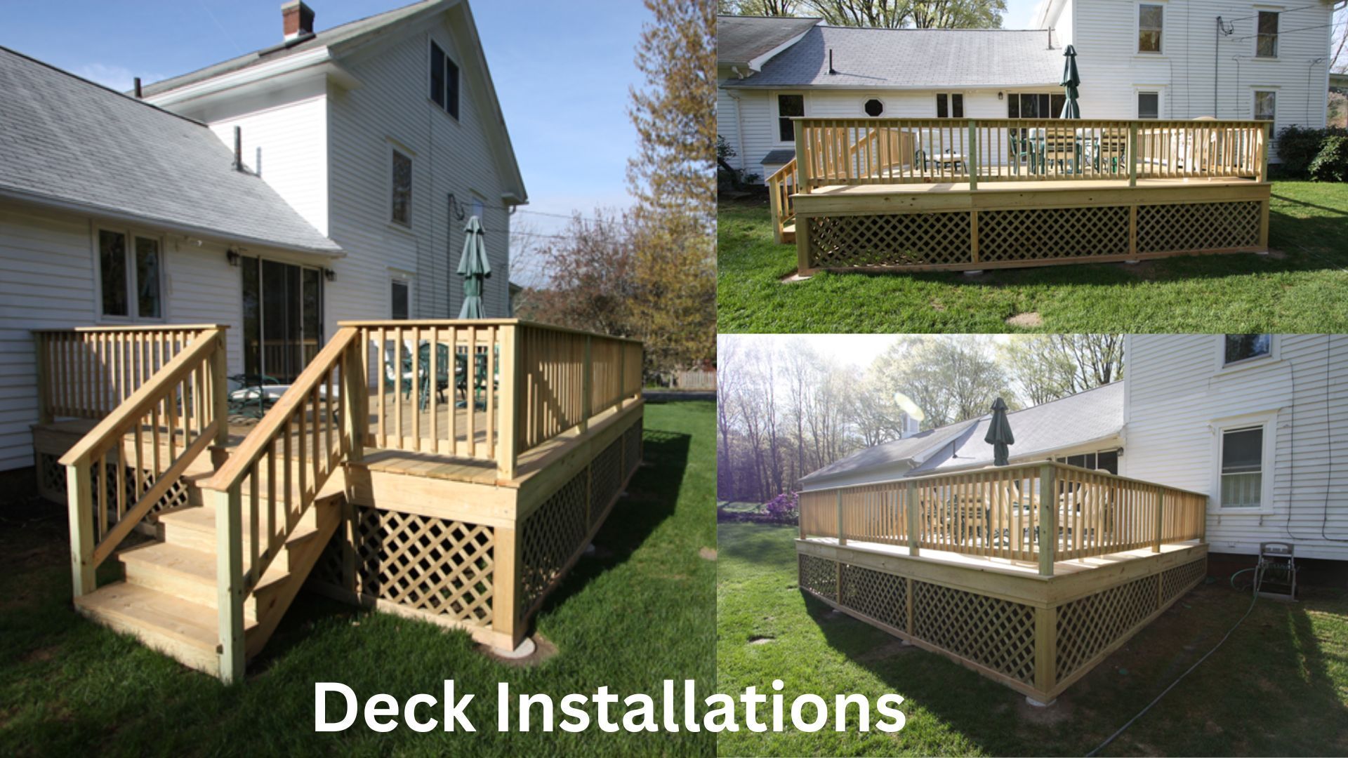 Deck installations collage showing a raised wooden backyard deck with stairs and railings on a house.