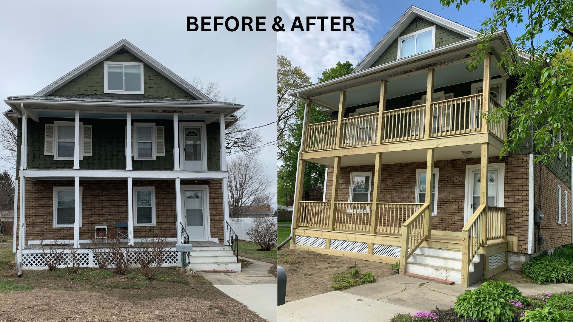 Before-and-after of a house porch renovation: worn gray exterior beside a restored yellow porch with new railings.