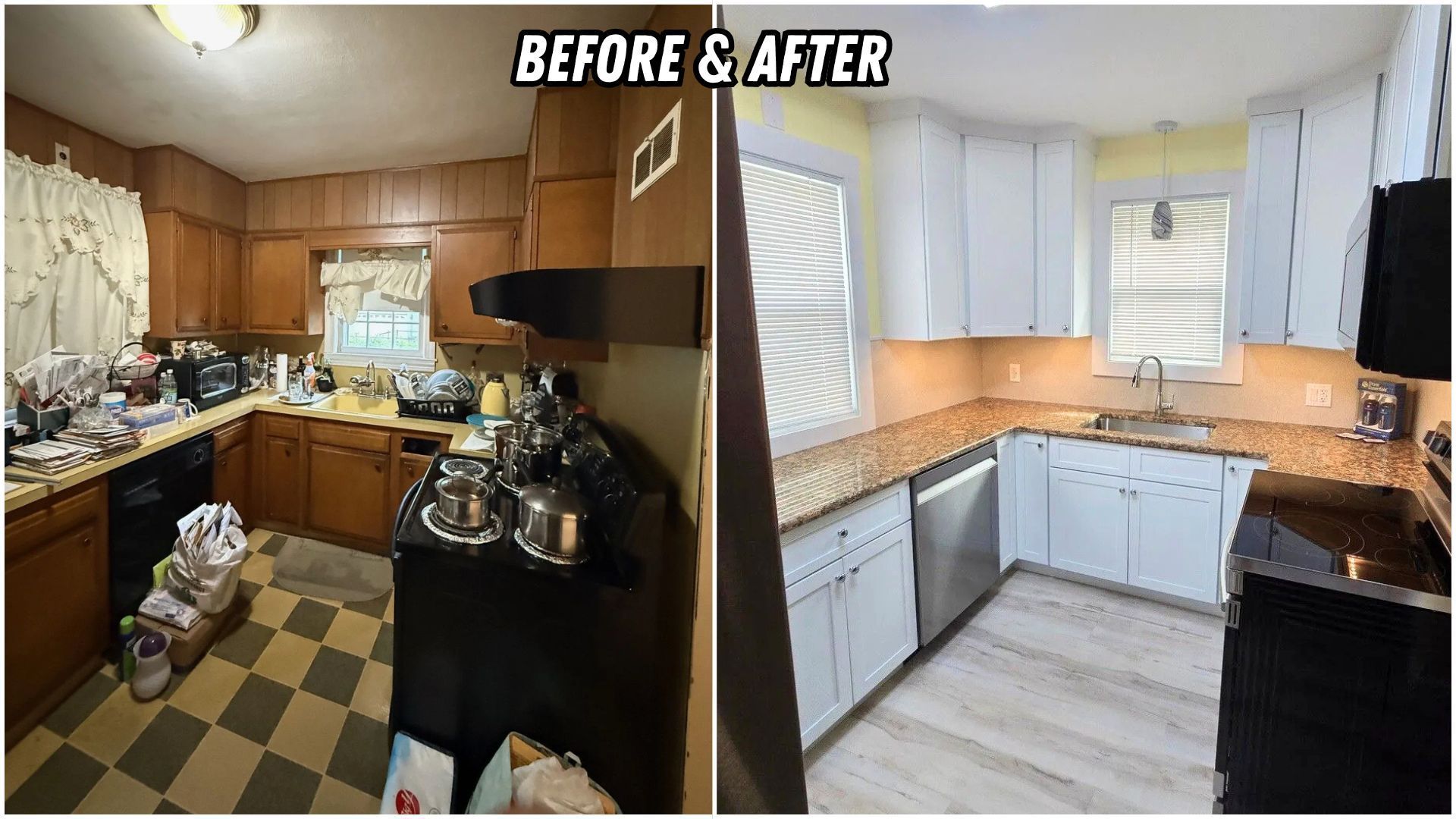 Warm, spacious kitchen and dining area with wood cabinets, tiled floor, and hanging pendant lights.