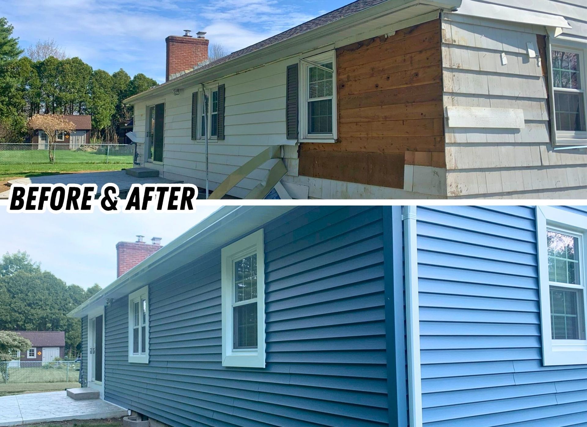 Before and after of a house exterior painted from bare wood to blue vinyl siding