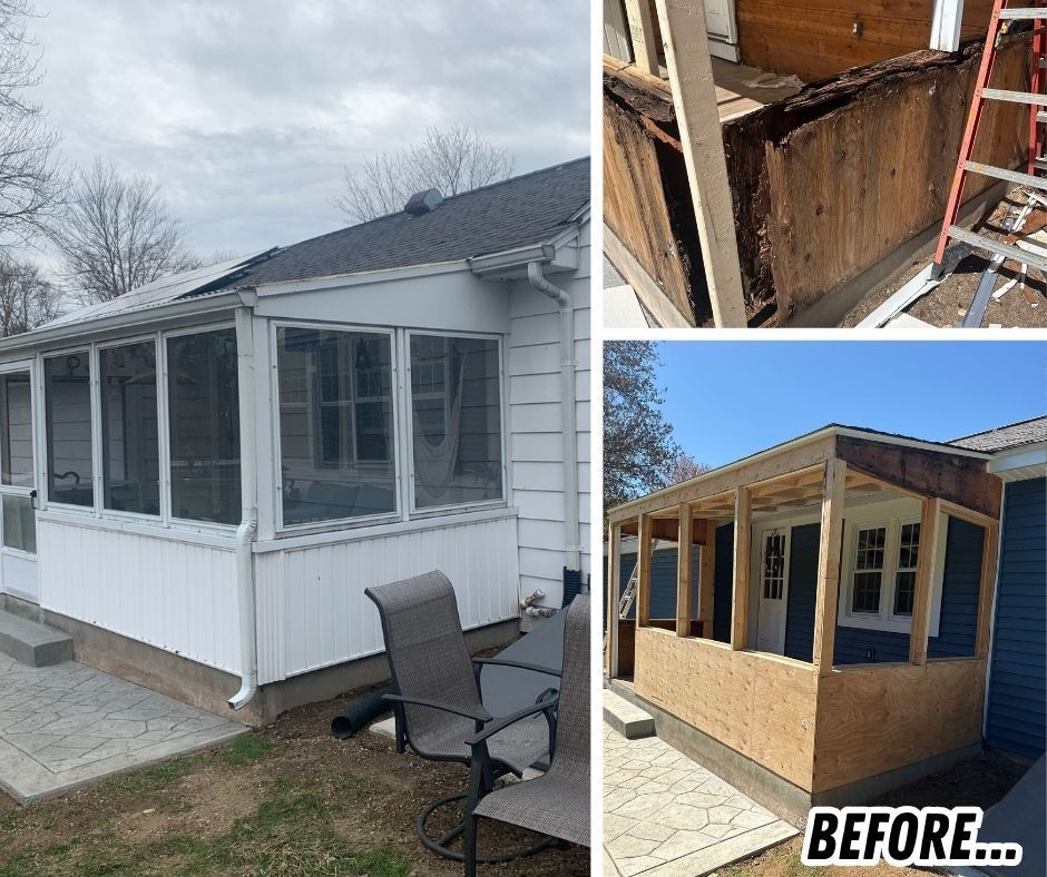 Before-and-after of a white screened porch renovation on a house.