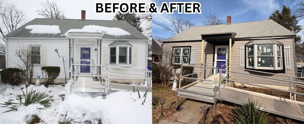 Before-and-after snowy house exterior: white siding changed to stone facade with porch and bay window.
