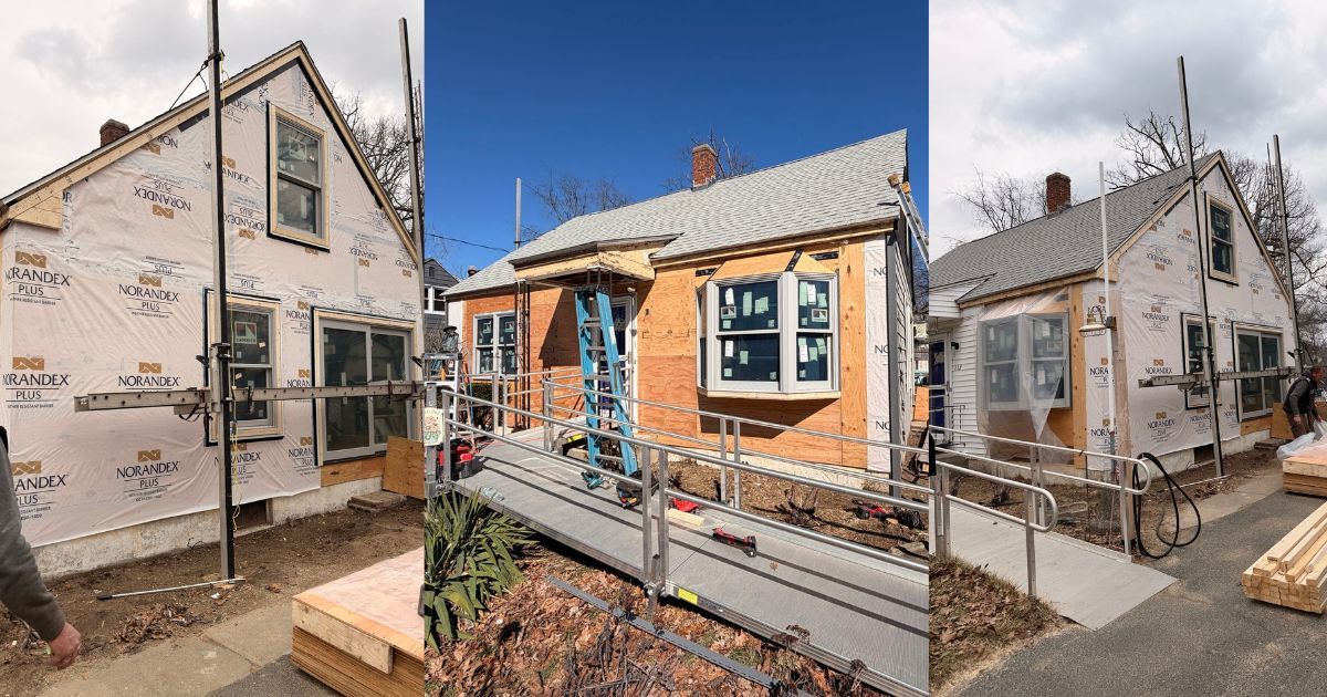 Three views of a house under renovation with scaffolding and exposed walls in a residential neighborhood