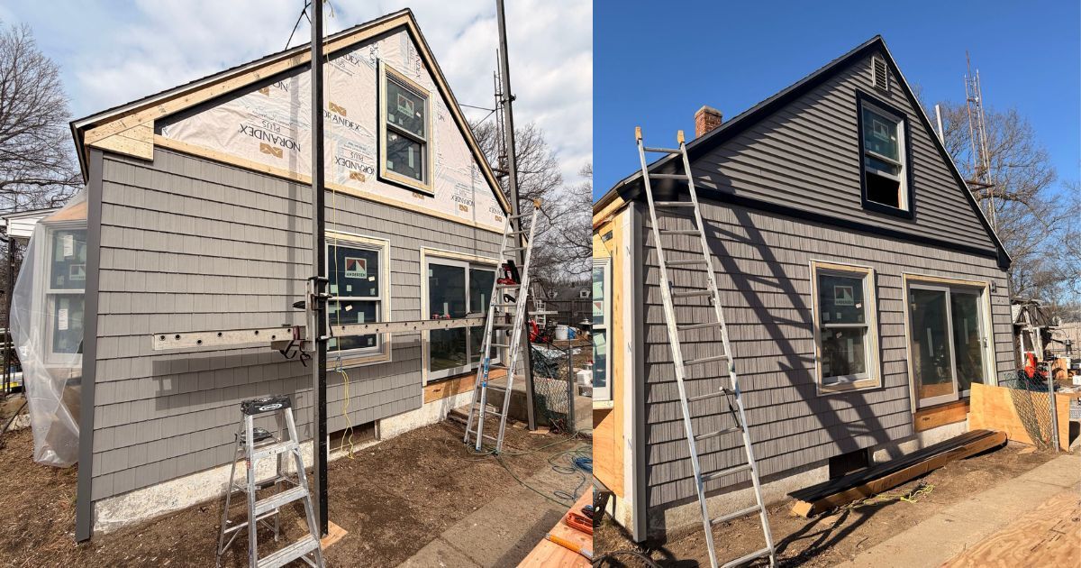 Before-and-after view of a gray house exterior under renovation, with scaffolding and ladder.