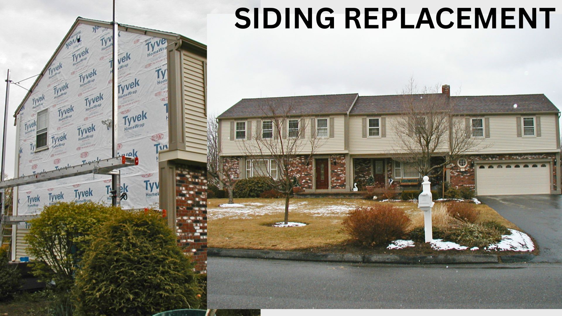 Side-by-side siding replacement before-and-after of a beige suburban house with fresh siding installed