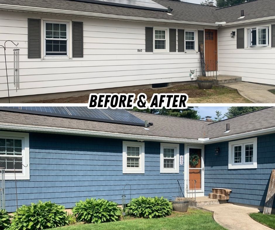 Before-and-after of a house exterior painted from white to blue with updated trim and landscaping