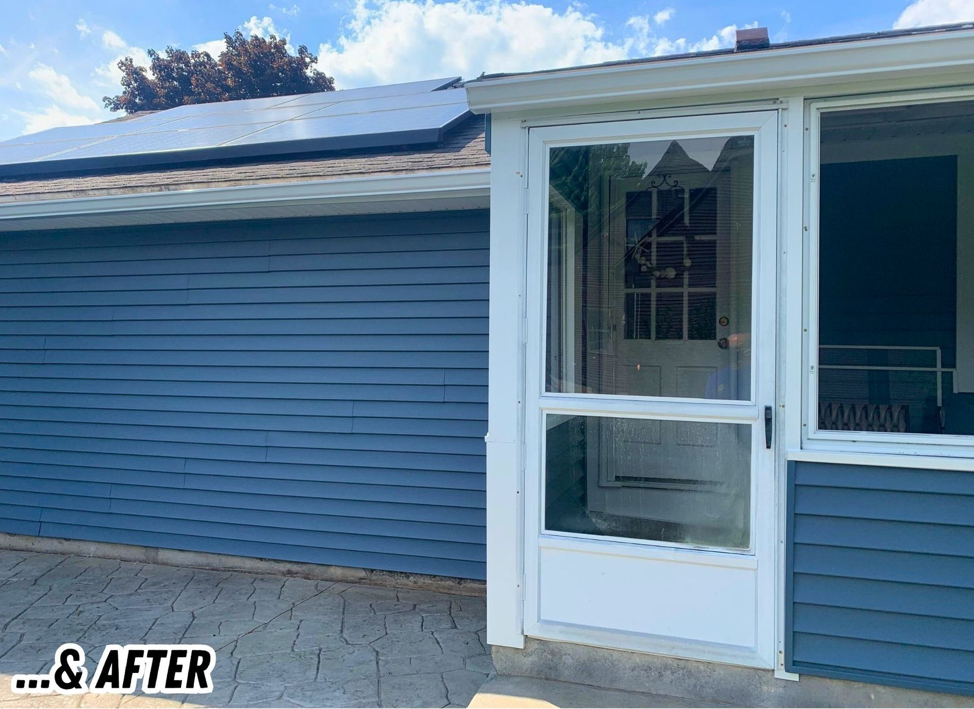 Blue house exterior with white screened porch door and a small before & after label