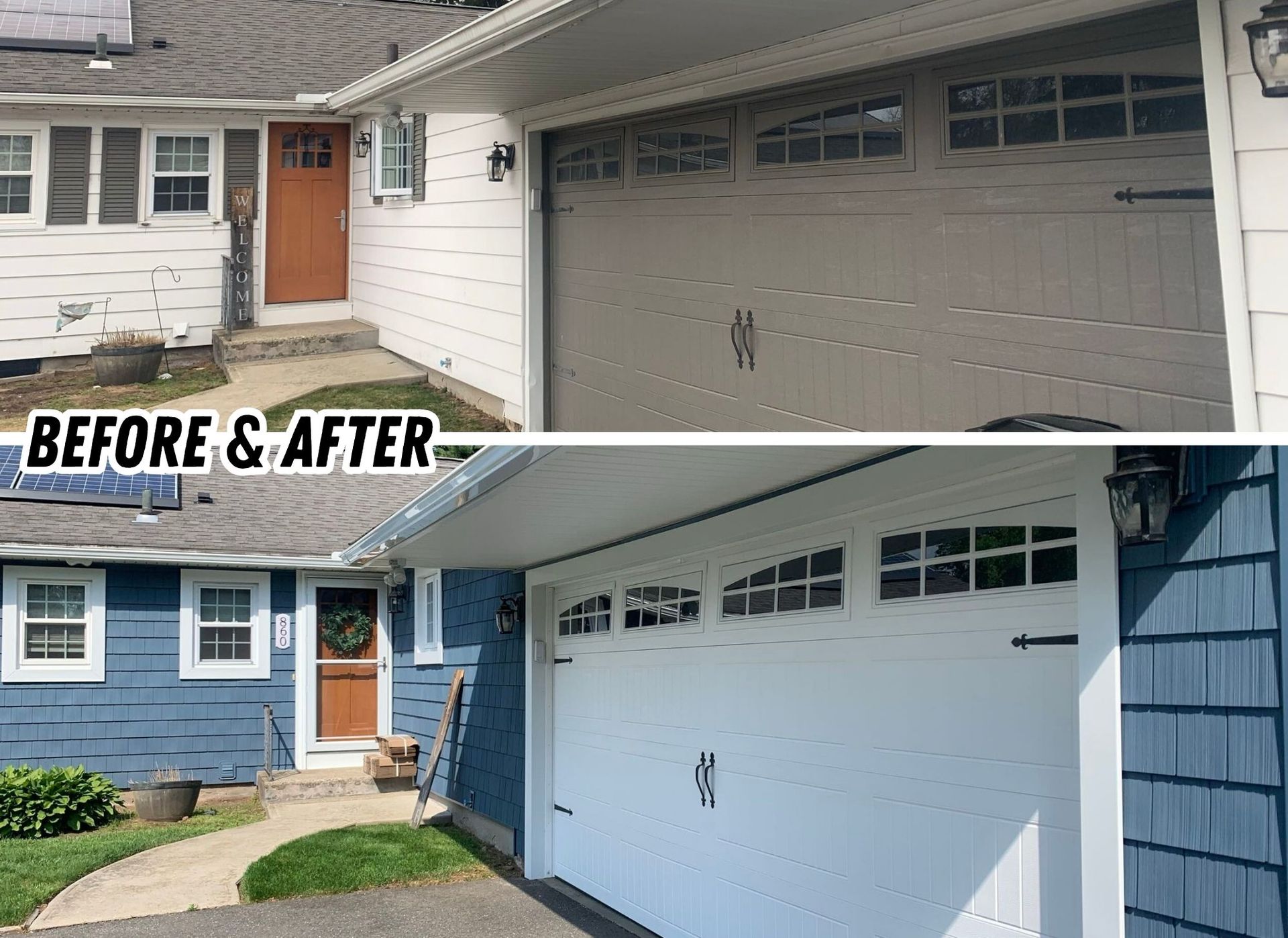 Before-and-after of a house exterior with a repainted blue facade and white garage door.