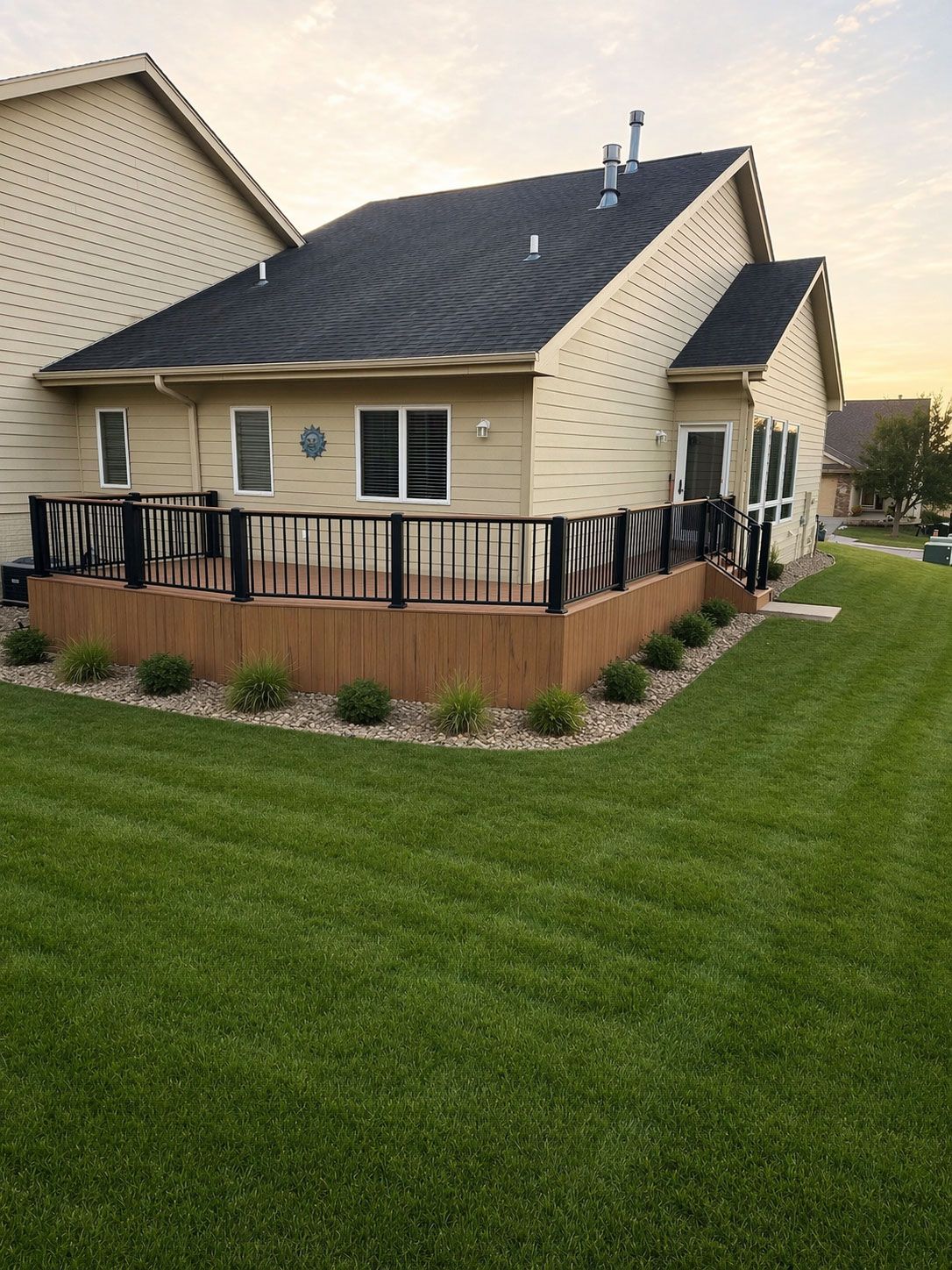 Suburban house with black roof, tan siding, fenced deck, and neatly trimmed green lawn