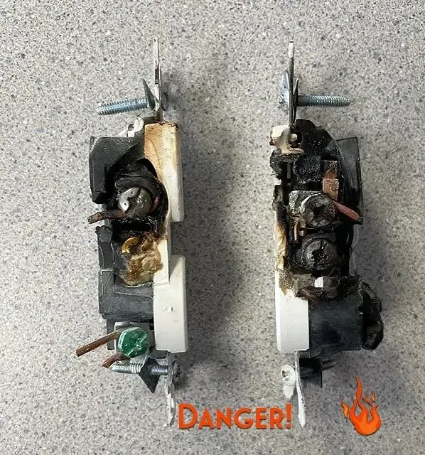 Two severely damaged electrical outlets, charred and melted, with a 