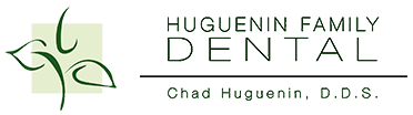 Logo of Huguenin Family Dental. Green leaf design on a green square, with company name and "Chad Huguenin, D.D.S."